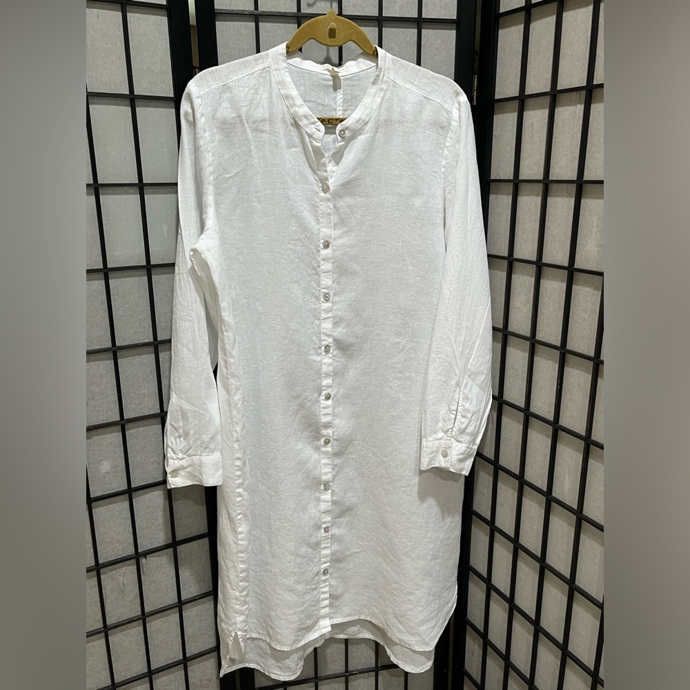 EILEEN FISHER White 100% Organic Linen SHIRT DRESS- Soft Lightweight Fabric SZ L - Picture 4 of 9